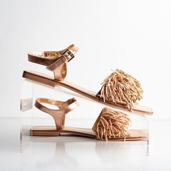 Anthropologie Maeve Rose Gold Beaded Flat Sandals Leather Ankle strap US 8 New - Picture 7 of 9